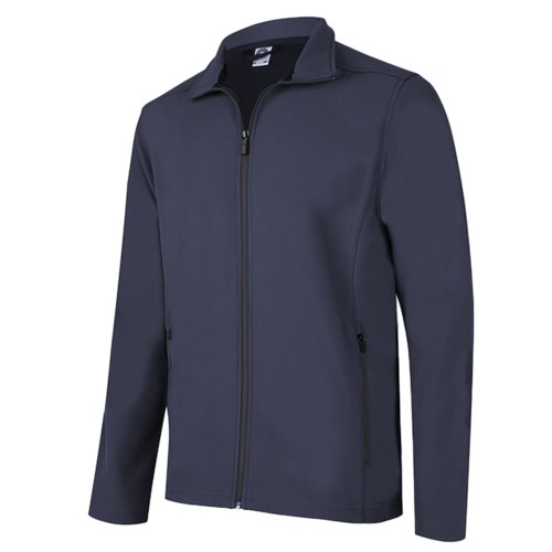 Chaqueta softshell azul-negra de polister y elastano con cremallera.