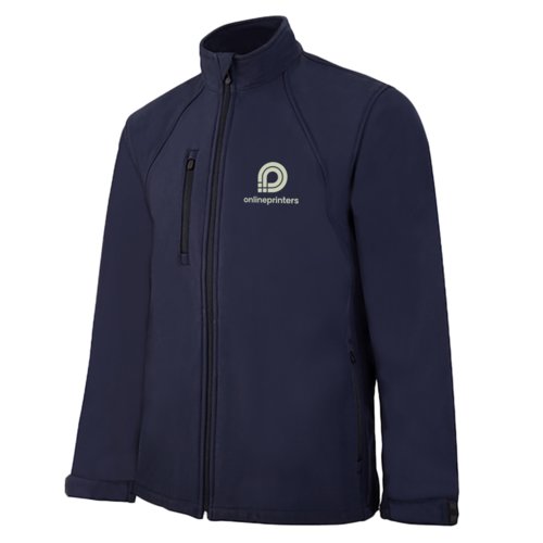 Chaqueta softshell azul para hombre con cremallera y bolsillos laterales.