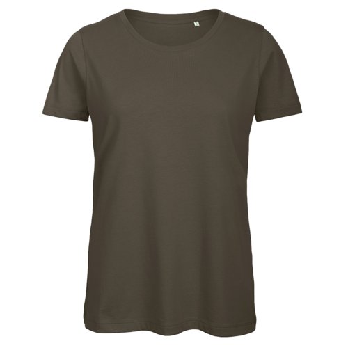 Camiseta de algodn caqui para mujer con cuello redondo.