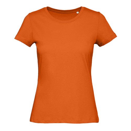 Camiseta naranja de mujer hecha de algodn orgnico con mangas cortas.