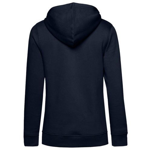 Sudadera con capucha azul marino para mujer hecha de algodn orgnico y polister reciclado.