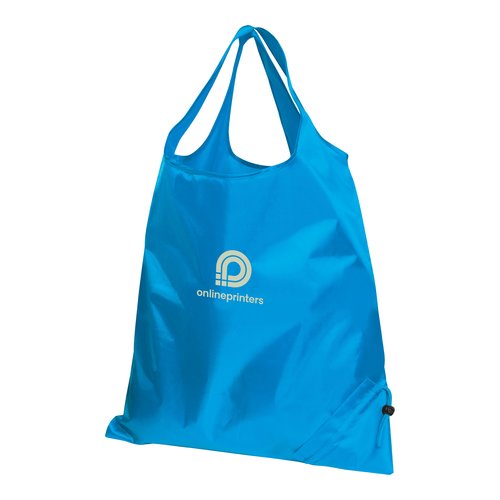 Bolsa transformable de tela azul claro con cordn.