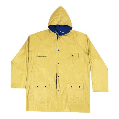 Chaqueta de lluvia reversible amarilla/azul de material hidrfugo con capucha y bolsillos.