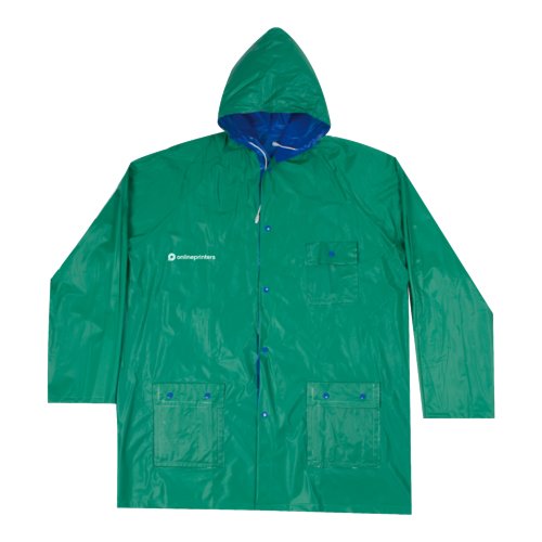 Chaqueta de lluvia sinttica azul-verde, reversible con capucha y bolsillos.