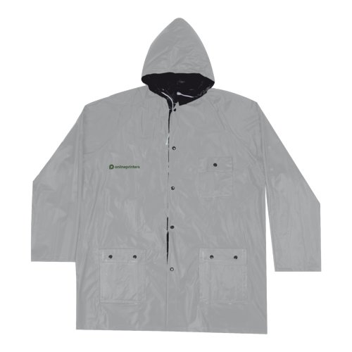 Chaqueta de lluvia reversible negra/plateada con capucha y bolsillos.