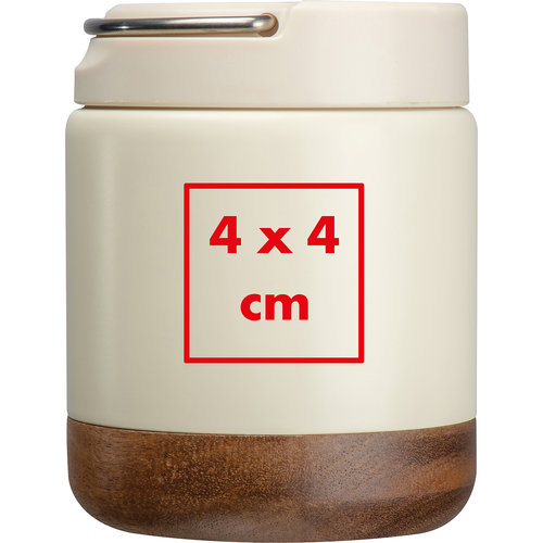 Contenedor de alimentos beige de metal con base de madera y asa.