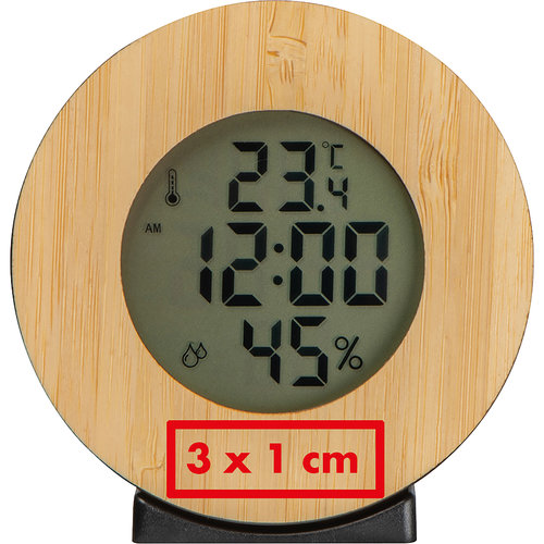 Estacin meteorolgica de madera con pantalla digital y sensores.