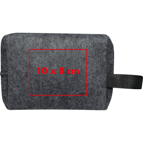 Neceser gris de fieltro con cremallera y asa de transporte.