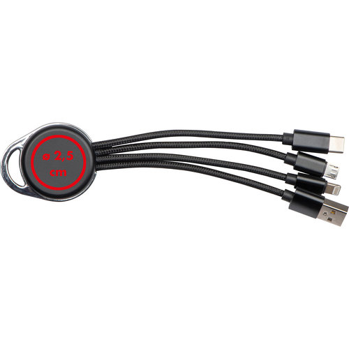Set de cables negro con mltiples conectores y llavero.