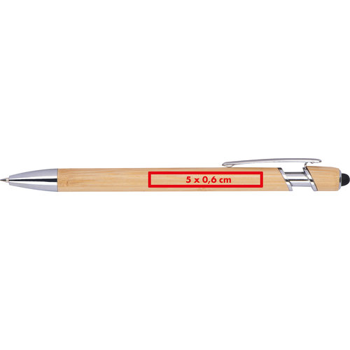 Bolgrafo de madera clara con clip y funcin de lpiz tctil.