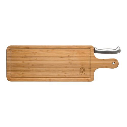 Tabla de cortar de bamb claro con ranura para jugos y mango.