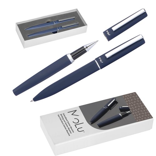 Juego de escritura azul con bolgrafo y roller en estuche de regalo.