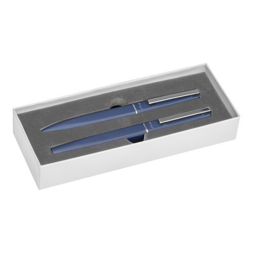 Set de escritura azul oscuro con bolgrafo y pluma estilogrfica.