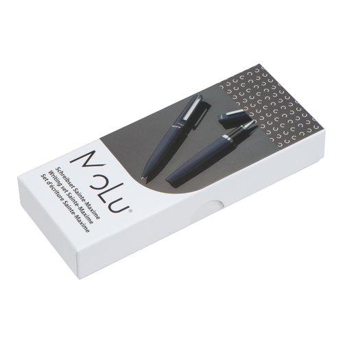 Juego de escritura azul oscuro con bolgrafo y pluma estilogrfica en estuche.