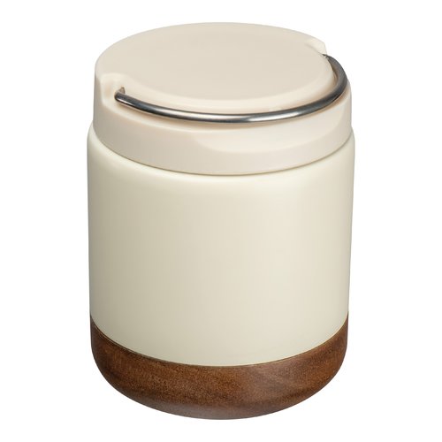 Recipiente de comida blanco con soporte de alambre de acero inoxidable.