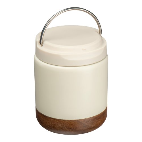 Recipiente de comida blanco con base de madera y asa de metal.