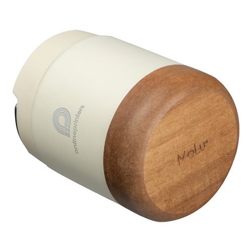 Recipiente para alimentos blanco de acero inoxidable con detalles en madera.