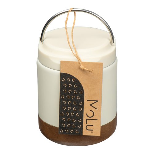 Contenedor de alimentos blanco con tapa y asa.