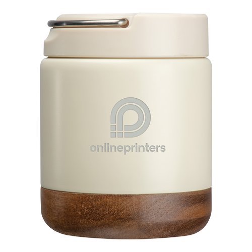 Contenedor de alimentos beige de acero inoxidable con base de madera y asa de transporte.
