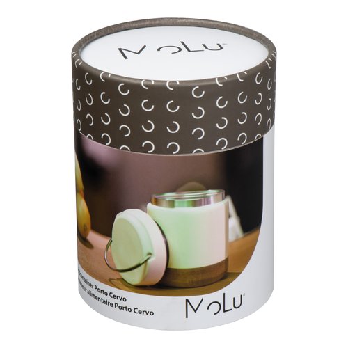 Recipiente blanco para alimentos con tapa y detalles de acero inoxidable.