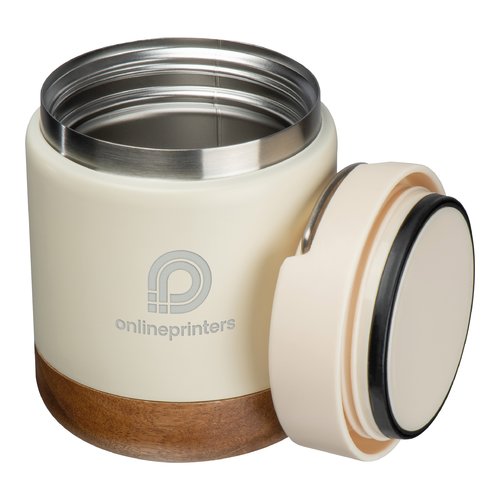 Recipiente para alimentos blanco de acero inoxidable y madera con tapa.