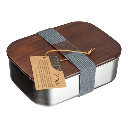 Fiambrera gris plateada de metal y madera con correa de cierre.