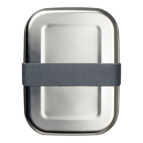 Fiambrera de metal gris plateado con goma elstica.