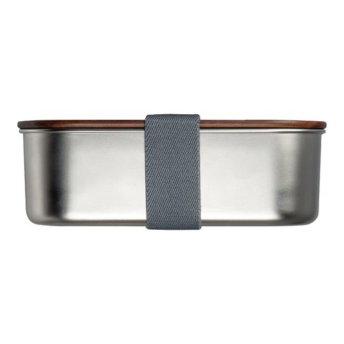 Fiambrera de metal gris plateado con tapa de madera y goma elstica.