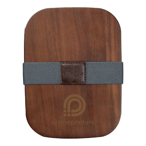 Fiambrera de madera marrn con cinta elstica.