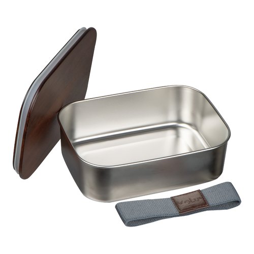 Fiambrera de metal gris plateado con tapa de madera y goma el�stica.