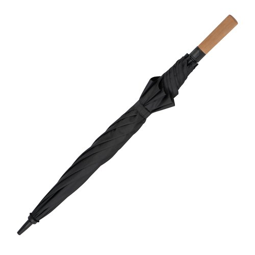 Paraguas negro con mango de madera y funda.