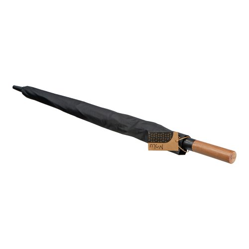 Paraguas negro con mango de madera.