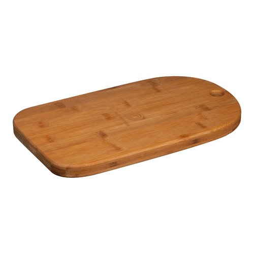 Tabla de bamb marrn con asa para colgar.