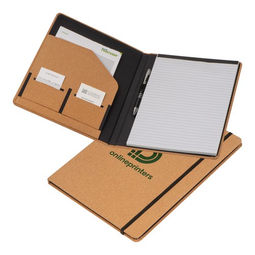 Carpeta de escritura de corcho beige con trabilla para bolgrafo, bloc y varios bolsillos.