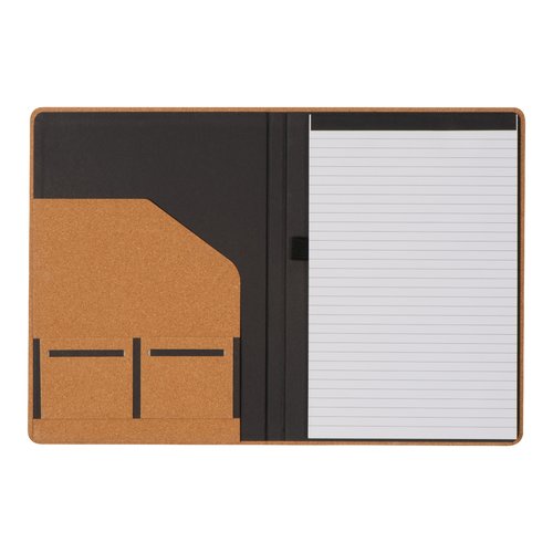 Funda de escritura beige con bolsillos y bloc de notas.