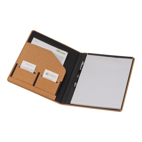 Carpeta de escritura beige de corcho con portabolgrafos, bloc de notas y ranuras para tarjetas de visita.