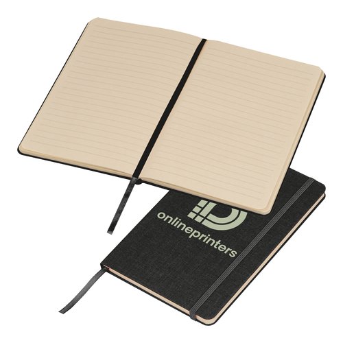 Cuaderno negro con goma elstica y marcapginas.