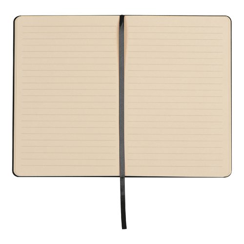 Cuaderno negro con cinta marcapginas.