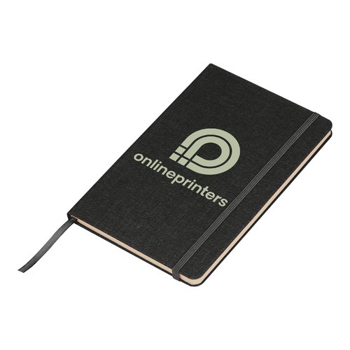 Cuaderno negro con goma elstica y cinta marcapginas.