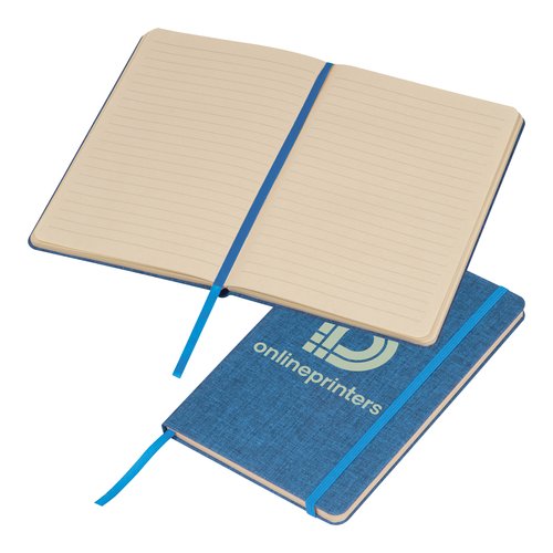 Cuaderno azul con cierre elstico y marcapginas de cinta.