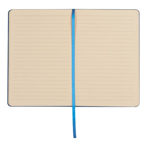 Cuaderno azul con pginas rayadas y marcapginas de cinta.