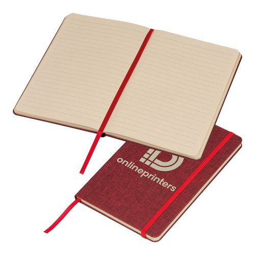 Cuaderno rojo con goma elstica y marcapginas de cinta.