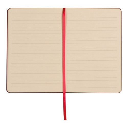 Cuaderno rojo con cinta marcapginas y pginas rayadas.