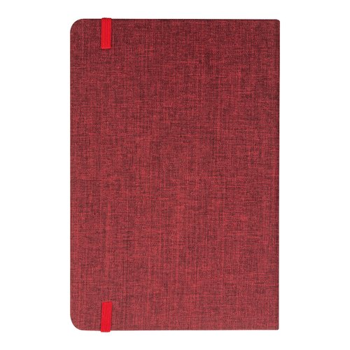 Cuaderno rojo con cierre de goma elstica.
