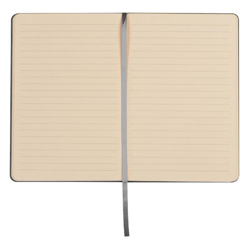 Cuaderno gris plateado con tapa dura y marcapginas.