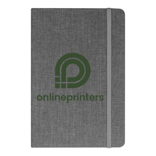 Cuaderno gris plateado con cierre de goma elstica.