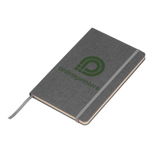 Cuaderno gris plateado con cierre elstico y marcapginas de cinta.