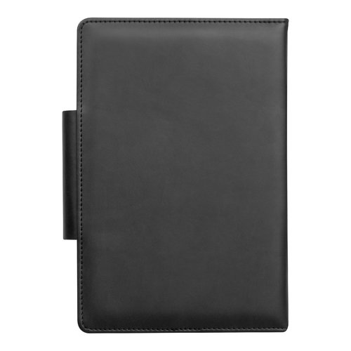 Cuaderno azul con tapa y presilla para bolgrafo.