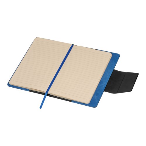 Cuaderno azul con pginas rayadas y marcapginas.