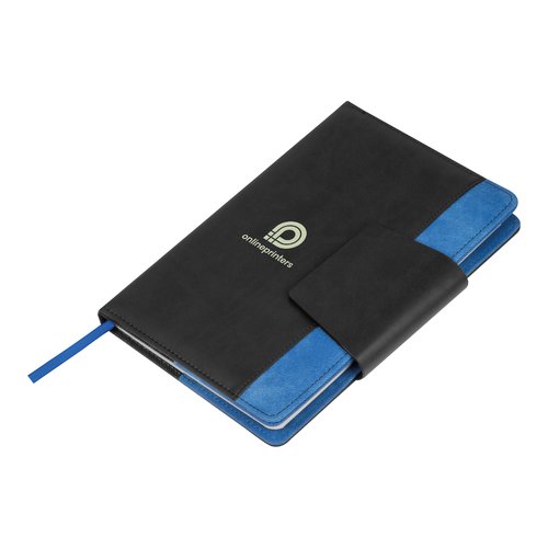 Cuaderno azul con cinta de cierre y marcapginas.